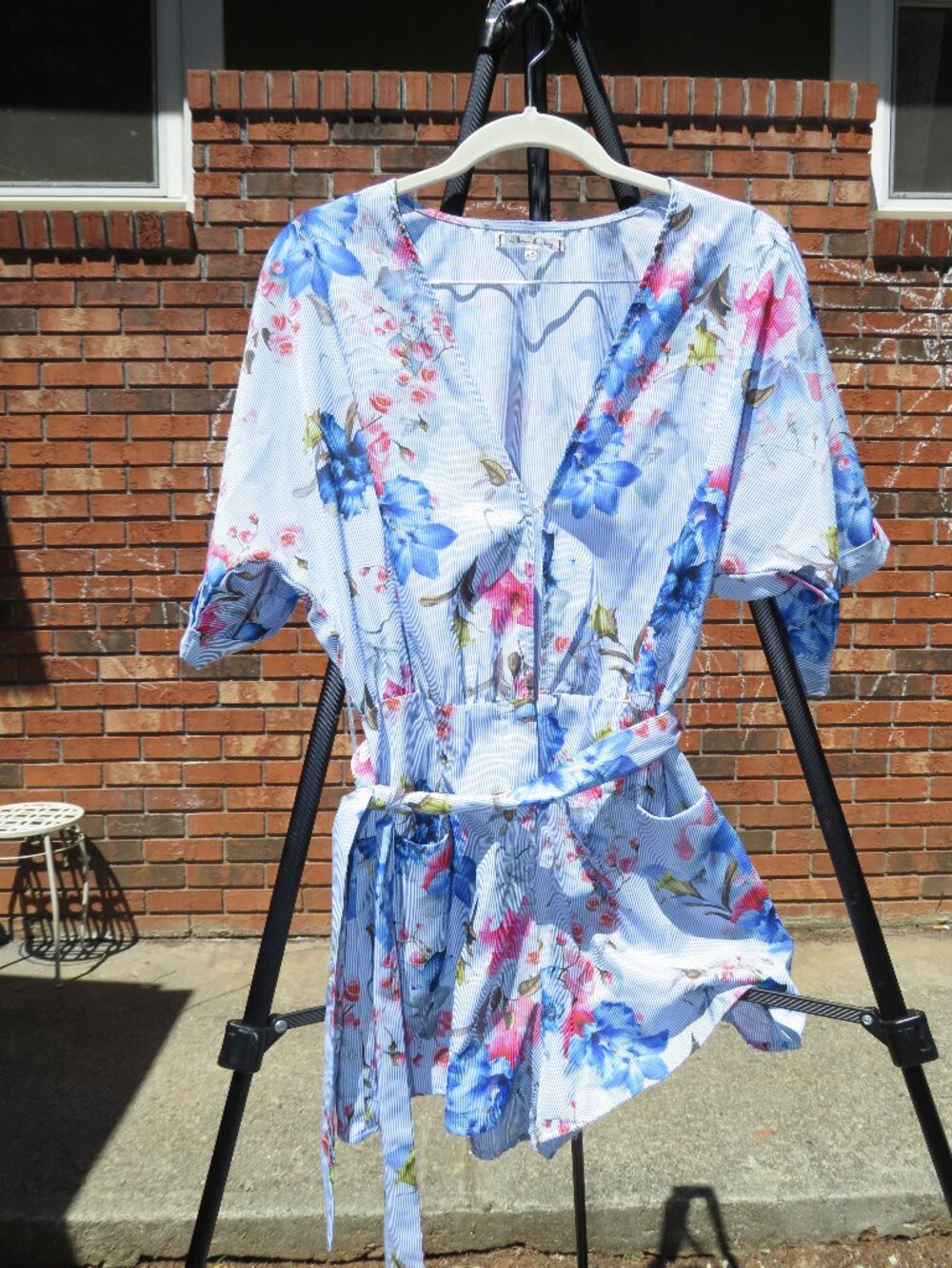 Willow & Clay Blue Floral Striped Belted Romper XS Boho Summer Jumpsuit